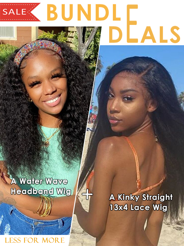 Bundle Deals- Water Wave Hair Headband Wig * 16'' Kinky Straight Lace Wig