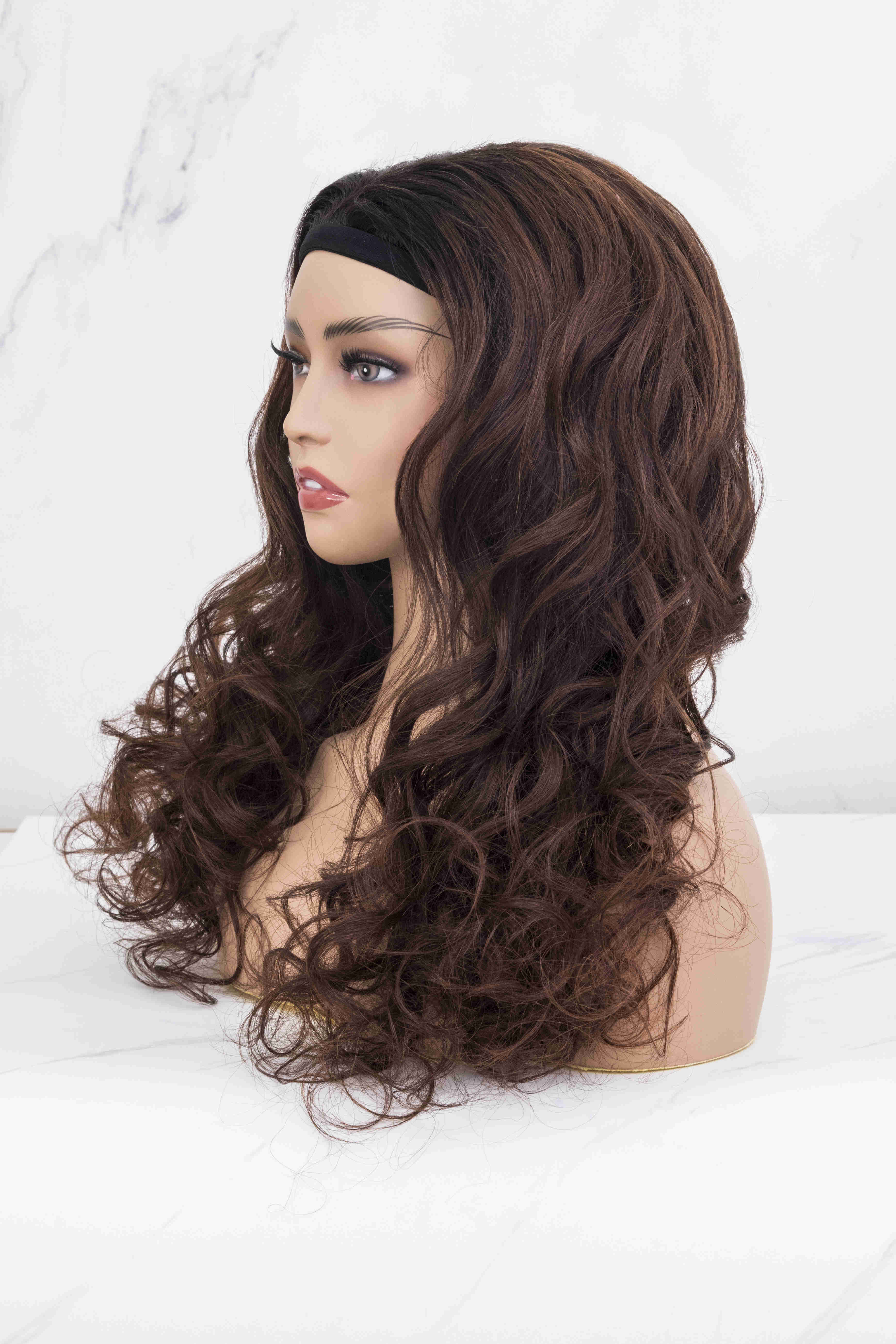 20" Brown Water Wave Human Hair Headband Wig -CFS009