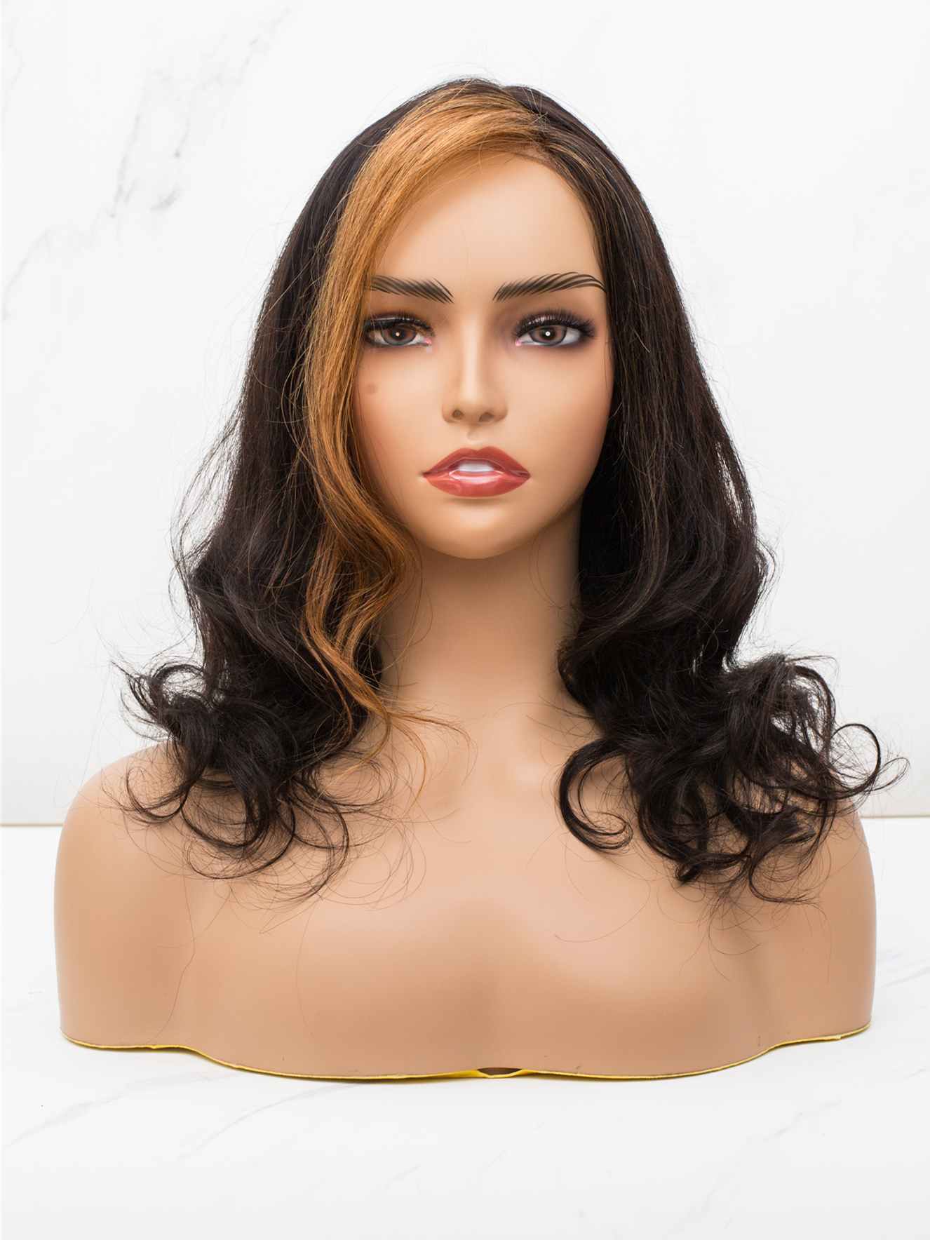 14" Natural Black with Highlights Wavy T part lace Wig -CFS023