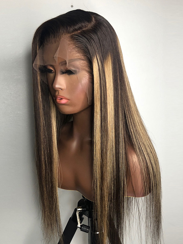 Esther012 - Human Hair Lace Front Wig with Blonde Highlights