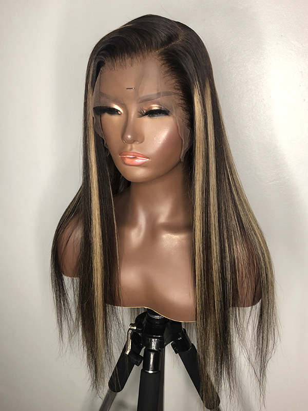 Esther012 - Human Hair Lace Front Wig with Blonde Highlights