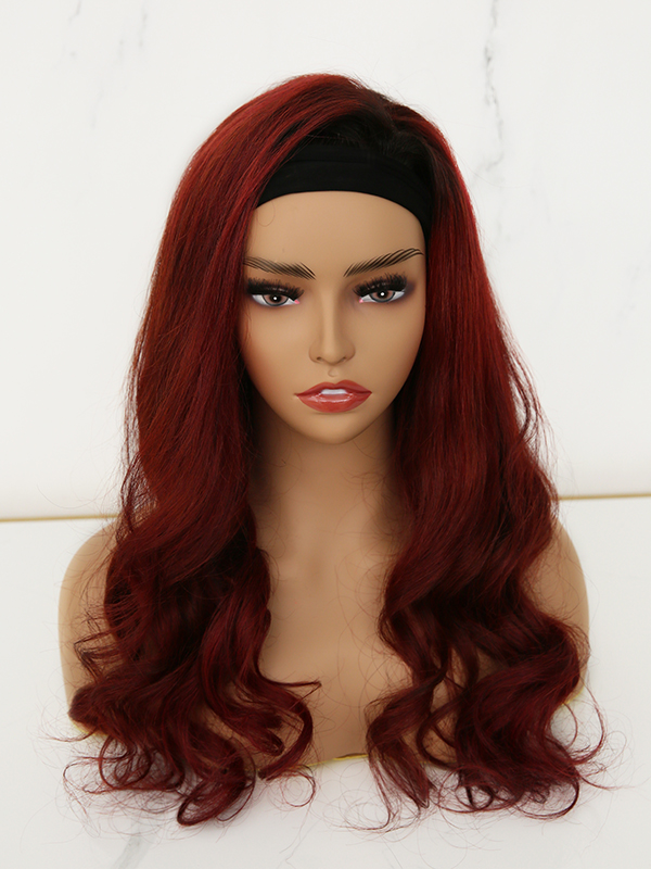 Retro Ruby Red Wavy Human Hair Headband Wig