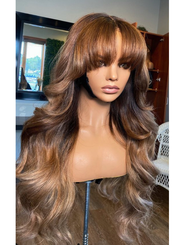 Sexy Body Wave With 2 tone Ombre Brown Human Hair Wig With Bangs