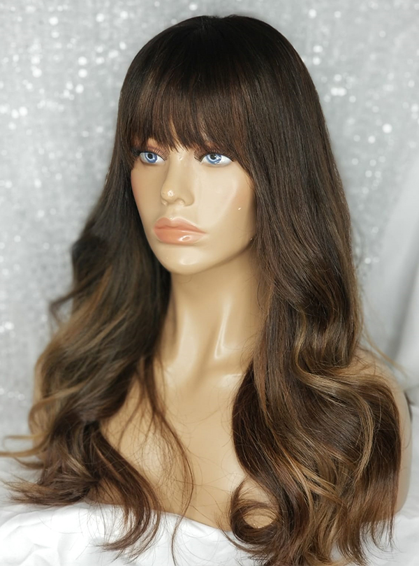 Body Wave Medium Brown with Blonde Highlights Wig with Bangs
