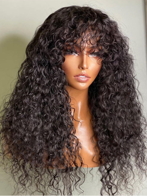 Curly Human Hair Wig with Bangs - Click Image to Close