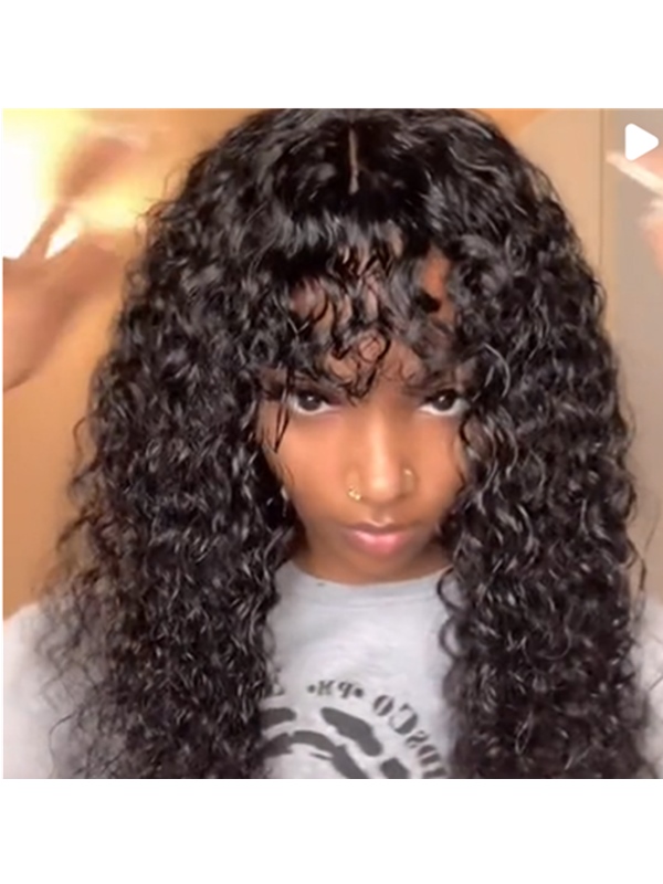 Curly Human Hair Wig with Bangs - Click Image to Close