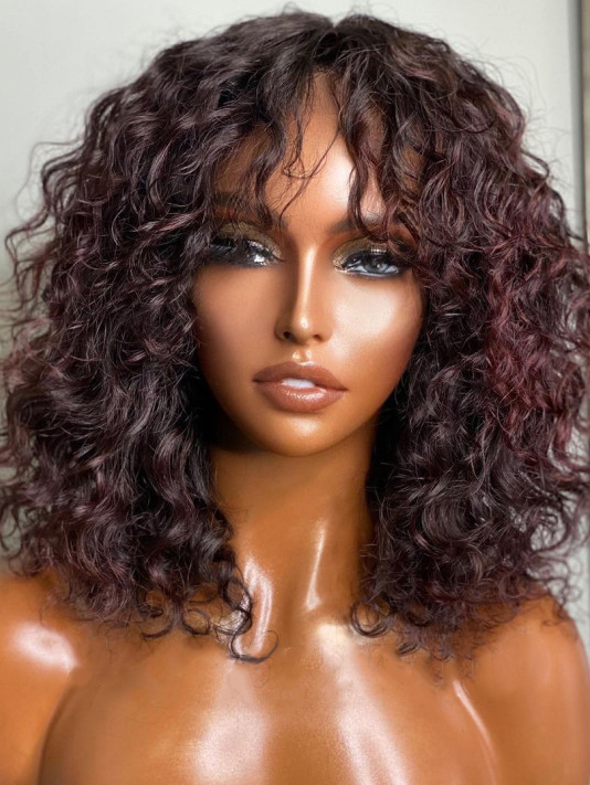 Dark Red Curly Human Hair Wig with Bangs