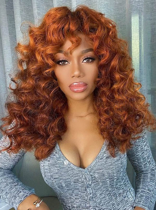 Curly Bangs Burnt Orange Lace Front Wig - Sophia001