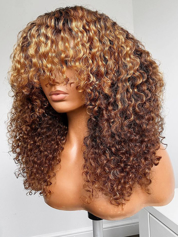 CARAMEL N CHESTNUT BROWN OMBRE DEEP CURLY HUMAN HAIR WIG WITH BANGS-JCDC005