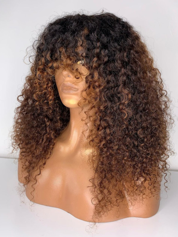 Brown Curly Human Hair Wig with Bangs - Click Image to Close
