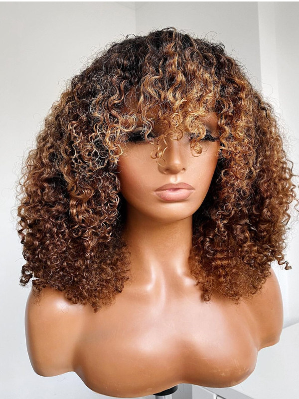 Brown Highlights Curly Human Hair Wig with Bangs
