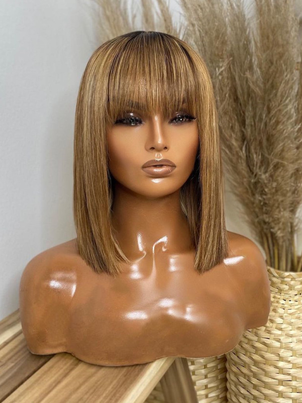 Blunt Blonde Highlights Straight Human Hair Wig with Bangs