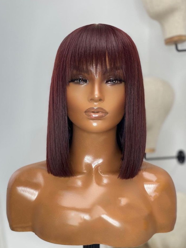 Burgundy Straight Human Hair Wig with Bangs - Click Image to Close