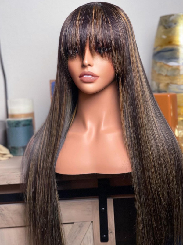 Blonde Highlights Straight Human Hair Wig with Bangs