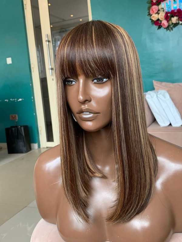 Luxury Highlights Silky Straight Human Hair Wig with Bangs