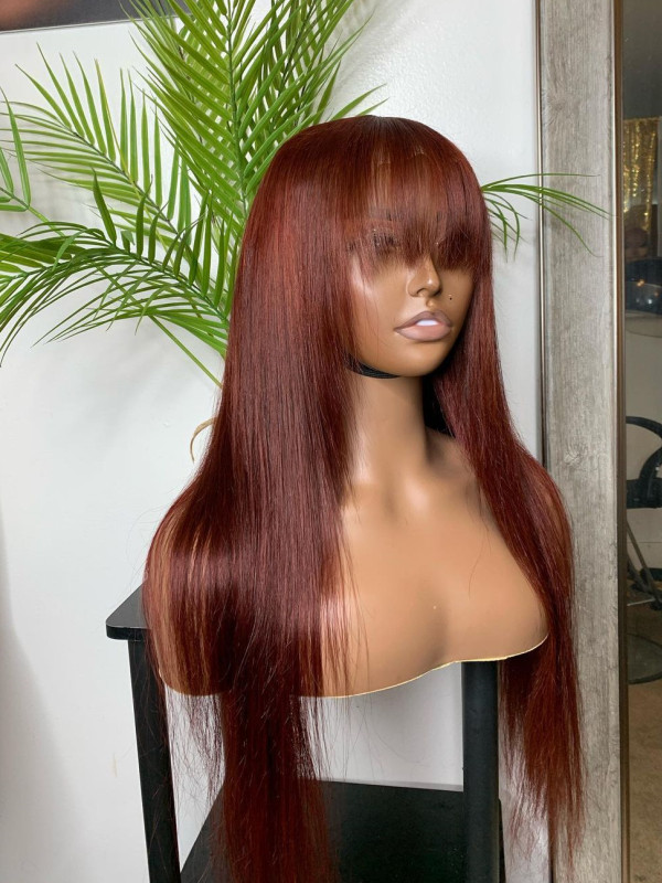 Auburn Red Human Hair Wig with Bangs