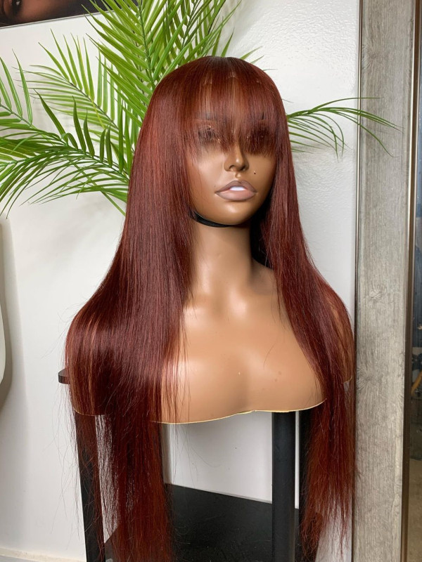 Auburn Red Human Hair Wig with Bangs