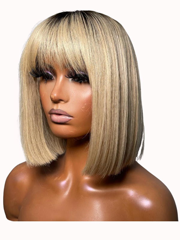 Sleek Blunt Cut Blonde Human Hair Wig with Bangs