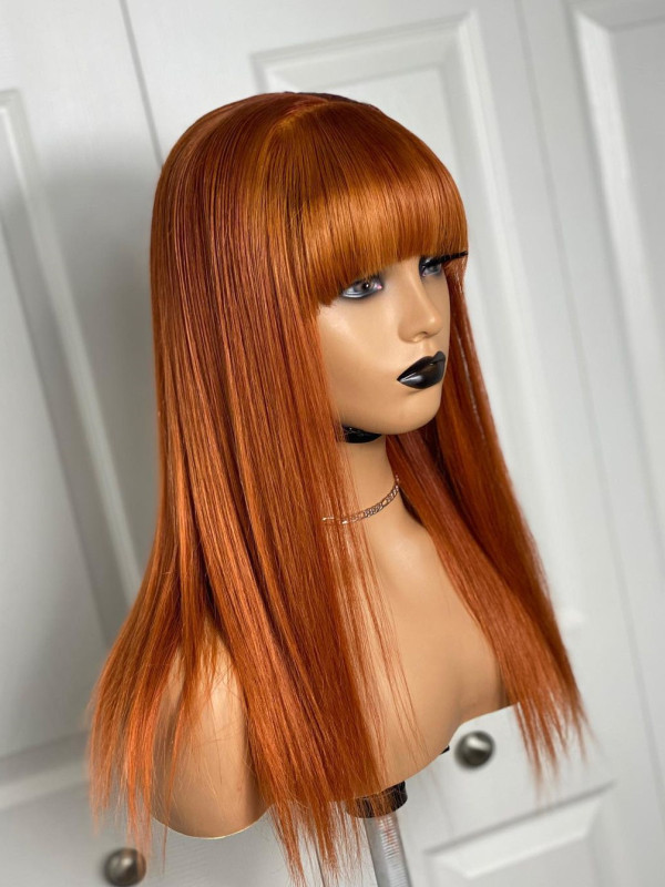 Ginger Orange Human Hair Wig with Bangs