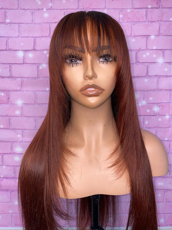 Layered Reddish Brown Human Hair Wig with Bangs