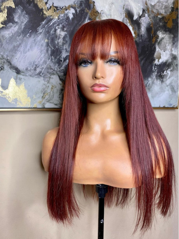 Brick Red Human Hair Wig with Bangs
