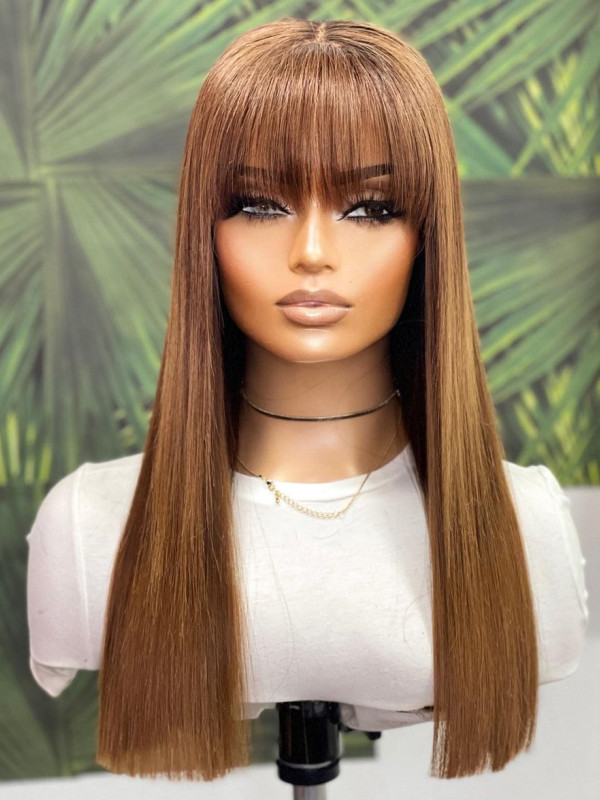 Brown and Blonde Highlights Human Hair Wig with Bangs