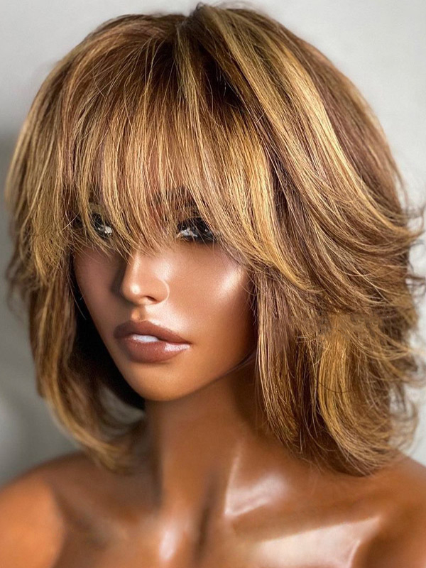 Messy Bob with Bangs Honey Blonde with Brown Highlights Wig