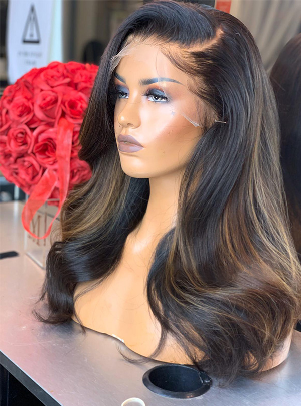 Side Part Wavy Brown Hair with Blonde Highlights Lace Front Wig