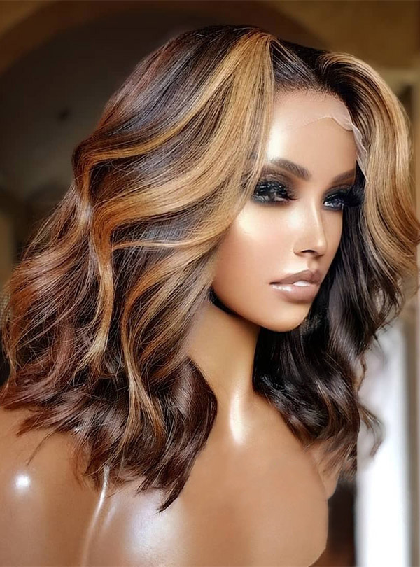 Chestnut Brown with Blonde Highlights Wavy Bob Lace Front Wig