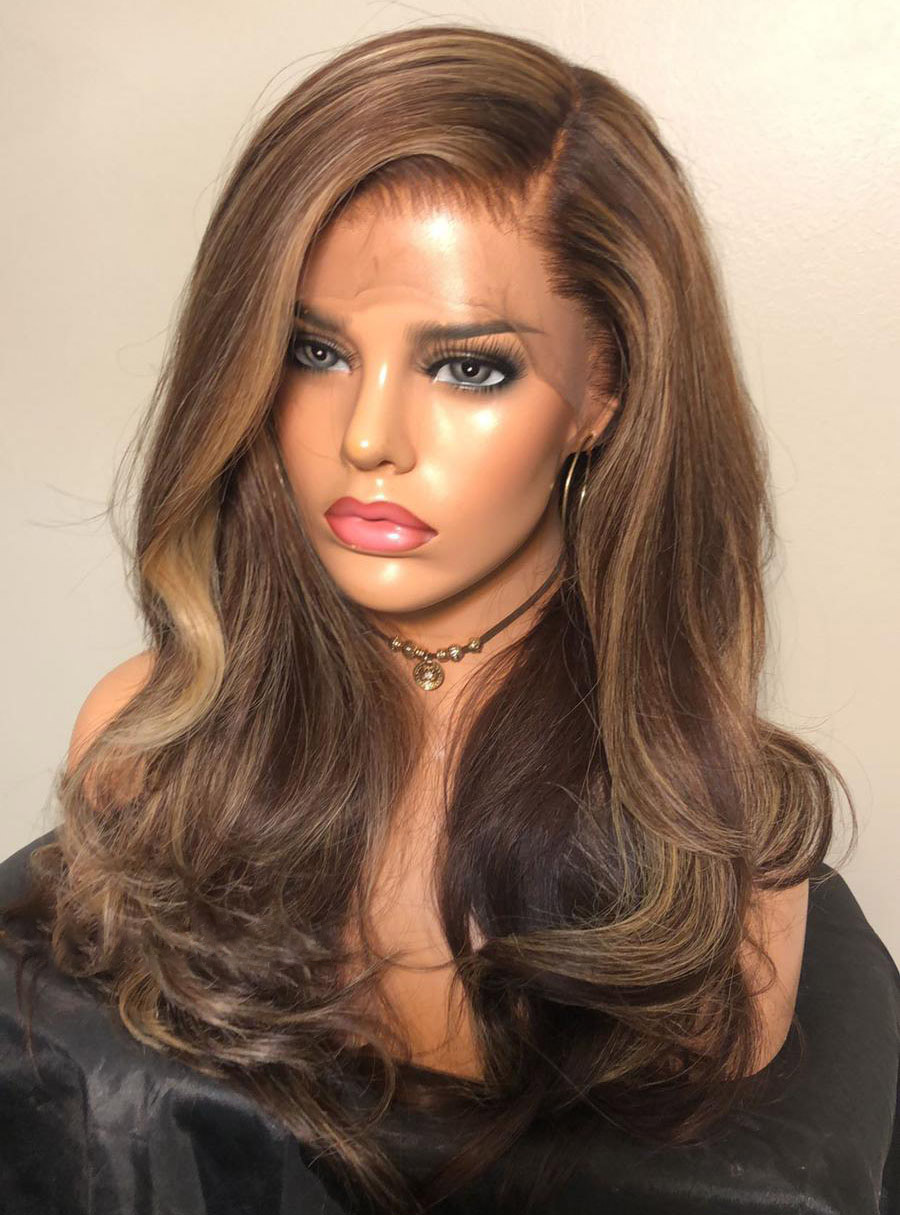 Side Parting Wavy Brown Hair with Blonde Highlights Wig