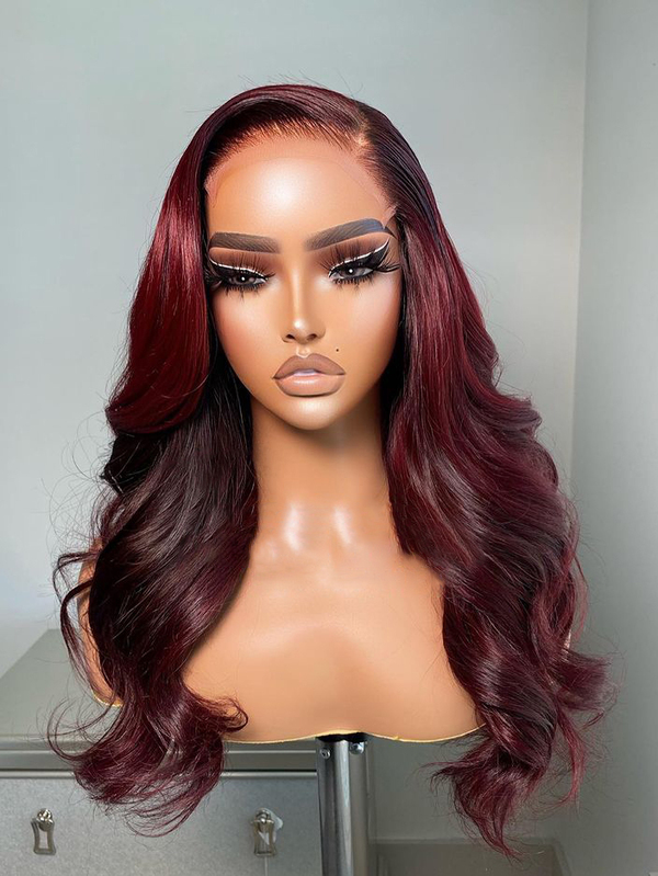 LIGHT BURGUNDY RED HAIR WITH HIGHLIGHT BODY WAVE LACE FRONT WIG-LFBW109