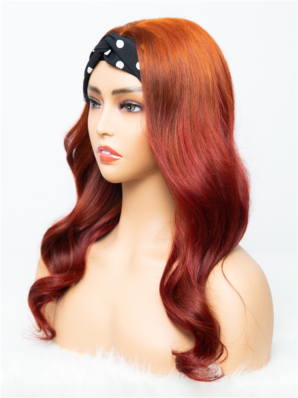 Signature Styles Collection - Ginger Ombre to Red Wavy Human Hair Headband Wig