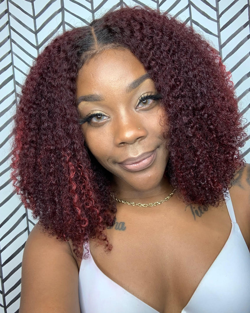 Burgundy Natural Curly with Partial Highlight Lace Front Wigs