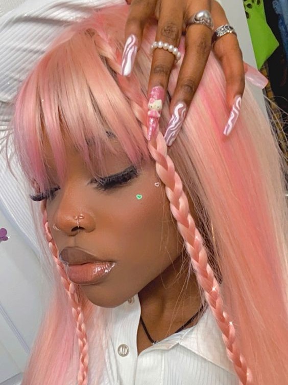 Left Eye - Blonde Lace Front Wig with Pink Highlight and Braids