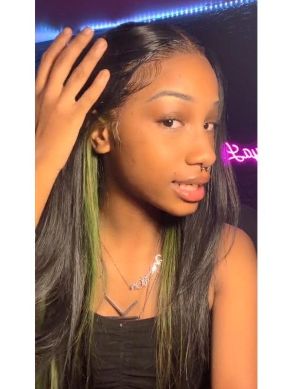 Layered Black Lace Front Wig with Green Highlight