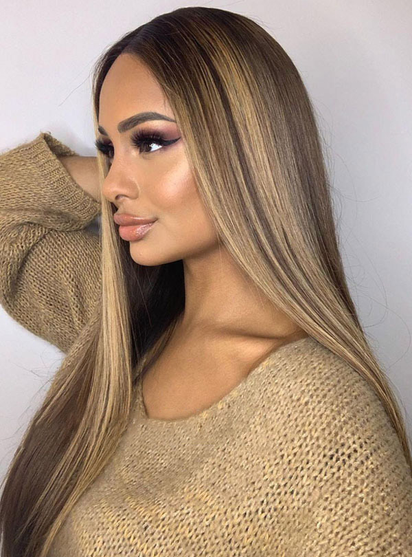 Silky Straight Brown Hair with Blonde Highlights Lace Front Wig