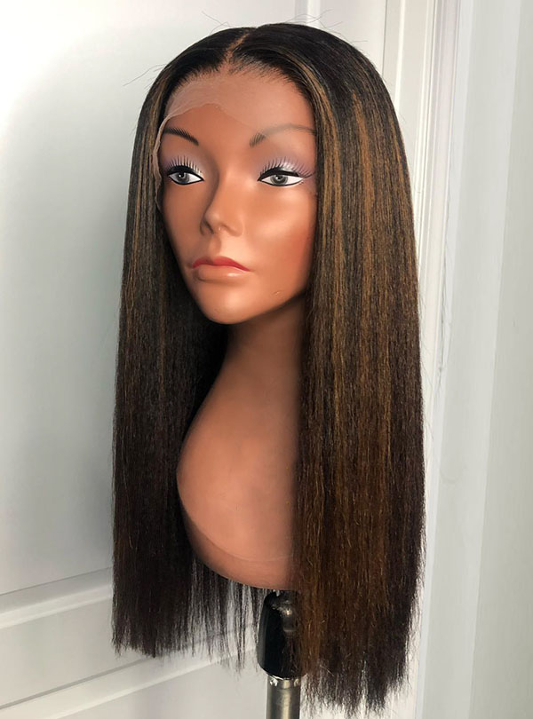 Kinky Straight Chestnut Brown Highlights Lace Front Wig