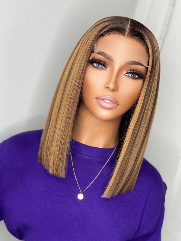 FASHION SLEEK BLUNT BOB WITH BLONDE HIGHLIGHTS LACE FRONT WIG-LFSS179