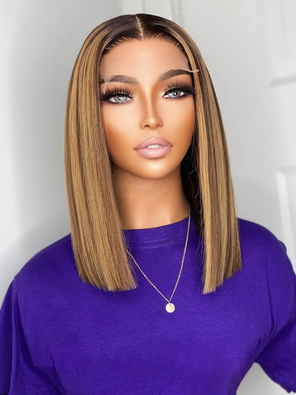 FASHION SLEEK BLUNT BOB WITH BLONDE HIGHLIGHTS LACE FRONT WIG-LFSS179