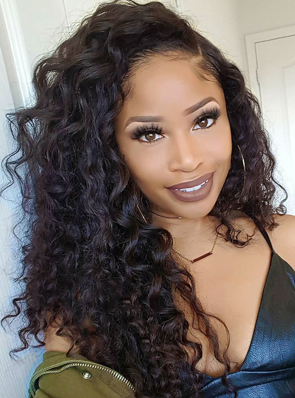 Side Part Water Wave Natural Black Lace Front Wig